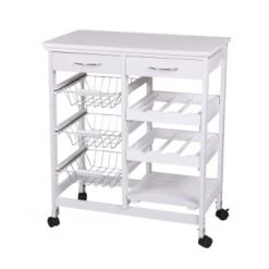Fornord Îlots Et Dessertes Desserte De Cuisine Multi-rangements En Bois Noir Et Métal -Meubles de cuisine Soldes desserte 2 tiroirs 3 paniers metal blanc