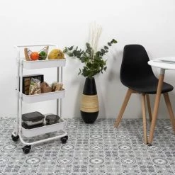 Toilinux Îlots Et Dessertes Desserte à Roulettes 3 étages Blanc -Meubles de cuisine Soldes desserte a roulettes 3 etages blanc 3