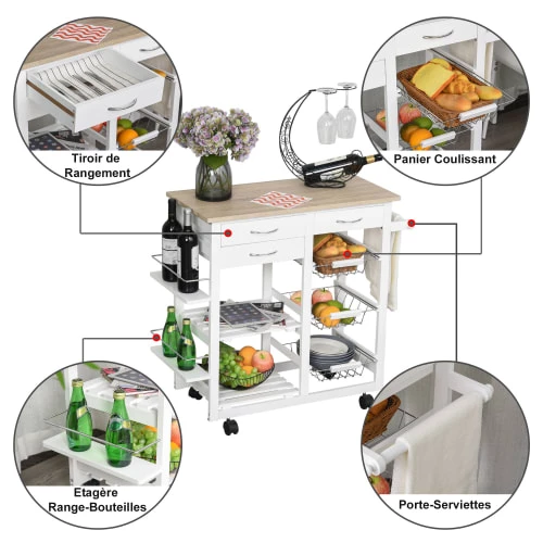 Homcom Îlots Et Dessertes Desserte Chariot Cuisine Multi-rangements Aspect Chêne Clair Pin Blanc 6 Homcom Îlots Et Dessertes Desserte Chariot Cuisine Multi-rangements Aspect Chêne Clair Pin Blanc – Image 4