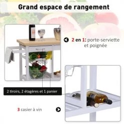 Homcom Îlots Et Dessertes Desserte Chariot De Cuisine Multi-rangements Blanc -Meubles de cuisine Soldes desserte chariot de cuisine multi rangements blanc 3