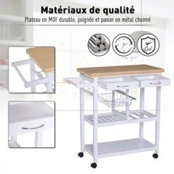 Homcom Îlots Et Dessertes Desserte Chariot De Cuisine Multi-rangements Blanc -Meubles de cuisine Soldes desserte chariot de cuisine multi rangements blanc 4