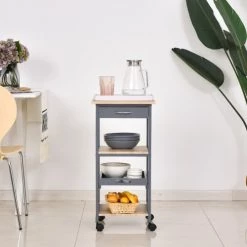 Homcom Îlots Et Dessertes Desserte Cuisine 2 étagères Plateau Amovible Tiroir Gris Chêne Clair -Meubles de cuisine Soldes desserte cuisine 2 etageres plateau amovible tiroir gris chene clair 3