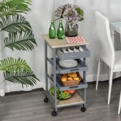 Homcom Îlots Et Dessertes Desserte Cuisine Panier Plateaux Amovibles Tiroir étagère Chêne Clair -Meubles de cuisine Soldes desserte cuisine panier plateaux amovibles tiroir etagere chene clair 9