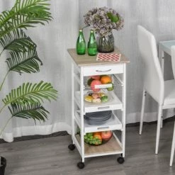 Homcom Îlots Et Dessertes Desserte Cuisine Panier Plateaux Tiroir étagère Chêne Clair Blanc -Meubles de cuisine Soldes desserte cuisine panier plateaux tiroir etagere chene clair blanc 3