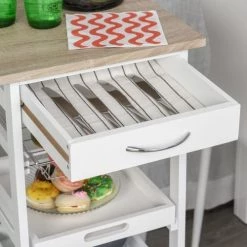 Homcom Îlots Et Dessertes Desserte Cuisine Panier Plateaux Tiroir étagère Chêne Clair Blanc -Meubles de cuisine Soldes desserte cuisine panier plateaux tiroir etagere chene clair blanc 4