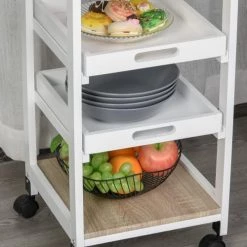 Homcom Îlots Et Dessertes Desserte Cuisine Panier Plateaux Tiroir étagère Chêne Clair Blanc -Meubles de cuisine Soldes desserte cuisine panier plateaux tiroir etagere chene clair blanc 5
