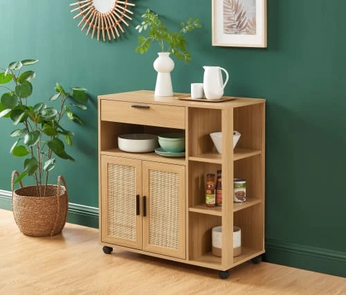 Baita Îlots Et Dessertes Desserte De Cuisine Effet Chêne Et Cannage Rotin Avec Roulettes 4 Baita Îlots Et Dessertes Desserte De Cuisine Effet Chêne Et Cannage Rotin Avec Roulettes – Image 2
