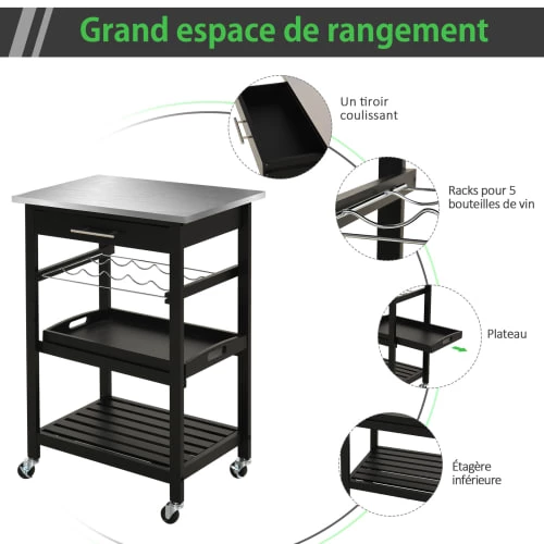 Homcom Îlots Et Dessertes Desserte De Cuisine Multi-rangements Plateau Acier Inox 6 Homcom Îlots Et Dessertes Desserte De Cuisine Multi-rangements Plateau Acier Inox – Image 4