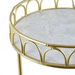 Beliani Îlots Et Dessertes Desserte De Cuisine Ronde Dorée Et Blanche Effet Marbre -Meubles de cuisine Soldes desserte de cuisine ronde doree et blanche effet marbre 2