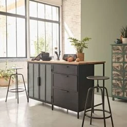 Maisons Du Monde Îlots Et Dessertes Îlot Central Cuisine 2 Portes 3 Tiroirs En Métal Noir Mat Et Bois De Manguier Massif -Meubles de cuisine Soldes ilot central cuisine 2 portes 3 tiroirs en metal noir mat et bois de manguier massif 1000 7 9 219851 5