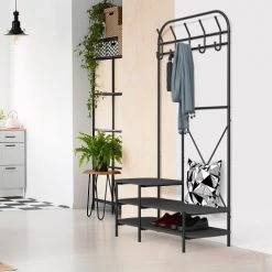 Nordlys Portemanteaux Et Patères Vestiaire D'entrée Style Industriel Avec Plateaux En Bois Noir -Meubles de cuisine Soldes vestiaire d entree style industriel avec plateaux en bois noir 1